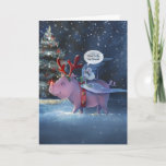 Tijd voor unieke  vliegende kerstmis feestdagen kaart<br><div class="desc">Creëer uw eigen unieke kerstkaarten op een coole, inspirerend aangepaste sjabloon die u kunt personaliseren met uw eigen boodschap. De ongebruikelijke, mooie illustratiehand van de vakantiekamer, geschilderd door Raphaela Wilson, toont een roze varken met rode en groene Rudolph-geweien/bellen in een wintersneeuwbos. Bovenop zijn rug zie je een kleine witte muispiloot...</div>