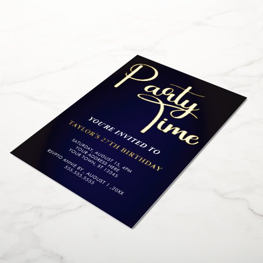 tijd voor Vieren verjaardag in Blauw en Folie Uitnodiging (Gedraaid)