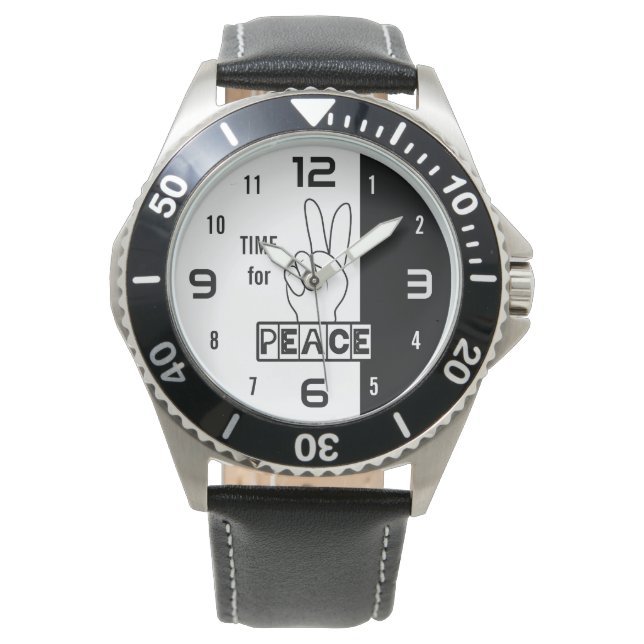Tijd voor Vrede – Zwart & Wit Handontwerp Horloge (Voorkant)