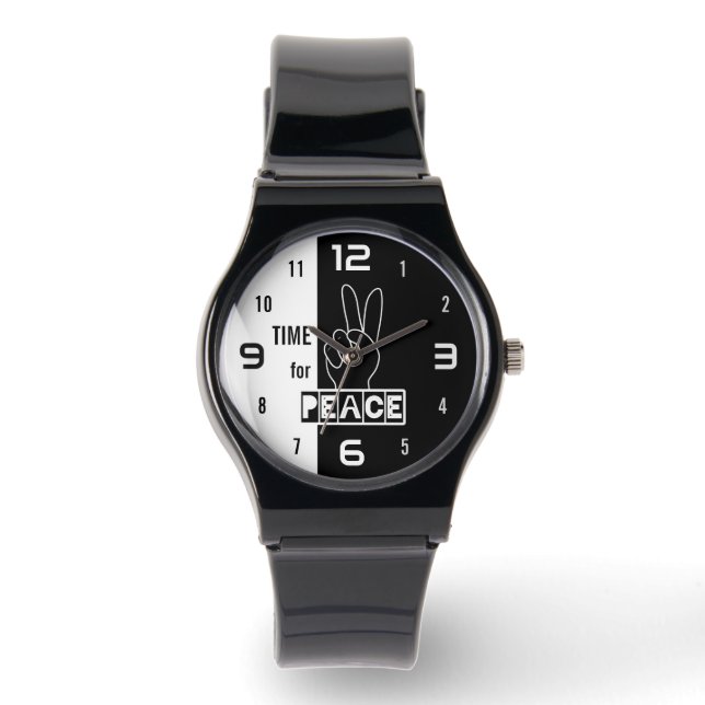 Tijd voor Vrede – Zwart & Wit Handontwerp Horloge (Voorkant)