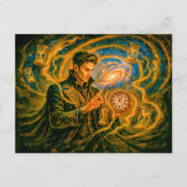 Tijdbogende magiër in betoverd olieverfschilderij feestdagenkaart