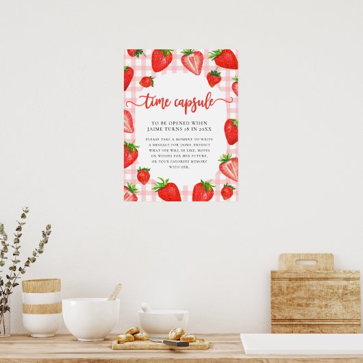 Tijdcapsule | Roze aardbei Gingham Verjaardag Poster (Keuken)
