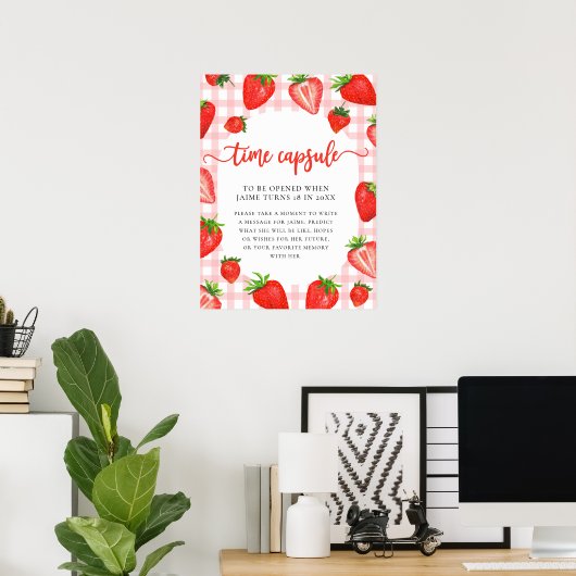 Tijdcapsule | Roze aardbei Gingham Verjaardag Poster (Thuiskantoor)