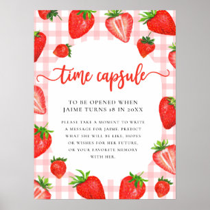 Tijdcapsule   Roze aardbei Gingham Verjaardag Poster