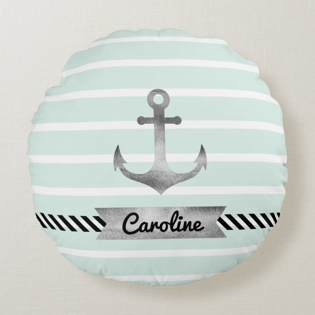 Tijdelijk gepersonaliseerd Mint Stripes Anchor Rond Kussen (Voorkant)