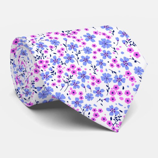 Tijdelijk leuk wit blauw roze bloemmotief stropdas (Opgerold)