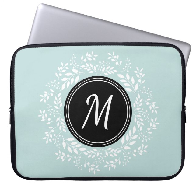 Tijdelijk Mint Floral, groot, aangepast monogram Laptop Sleeve (Voorkant)