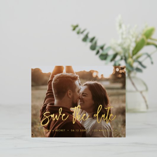 Tijdelijk sparen de datum gouden folie fotokaart folie uitnodiging briefkaart (Staand Voorkant)