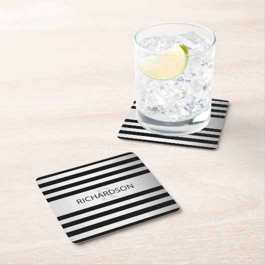 Tijdelijke Faux Silver Ombre Stripes & Black Kartonnen Onderzetters (Insitu)