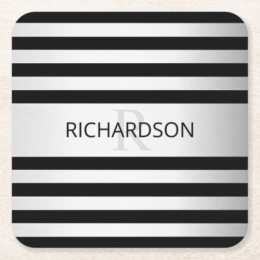 Tijdelijke Faux Silver Ombre Stripes & Black Kartonnen Onderzetters (Voorkant)