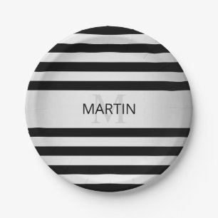 Tijdelijke Faux Silver Ombre Stripes & Black Papieren Bordje