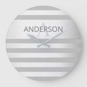 Tijdelijke faux Silver Ombre Stripes & Grey Grote Klok