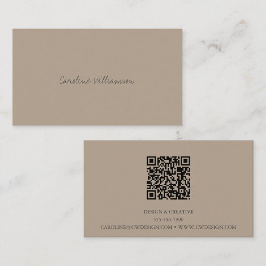 Tijdelijke minimalistische scriptnaam Tan Brown QR Visitekaartje (Voorkant / Achterkant)