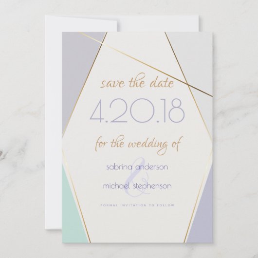 Tijdelijke moderne geometrische stripes Mint Viole Save The Date (Voorkant)