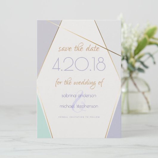 Tijdelijke moderne geometrische stripes Mint Viole Save The Date (Staand voorkant)