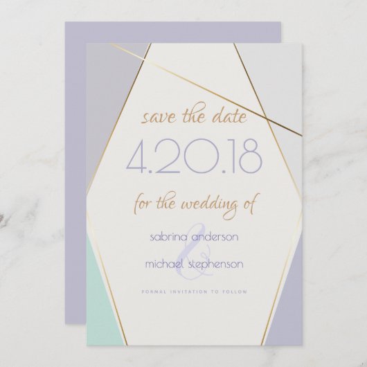 Tijdelijke moderne geometrische stripes Mint Viole Save The Date (Voorkant / Achterkant)