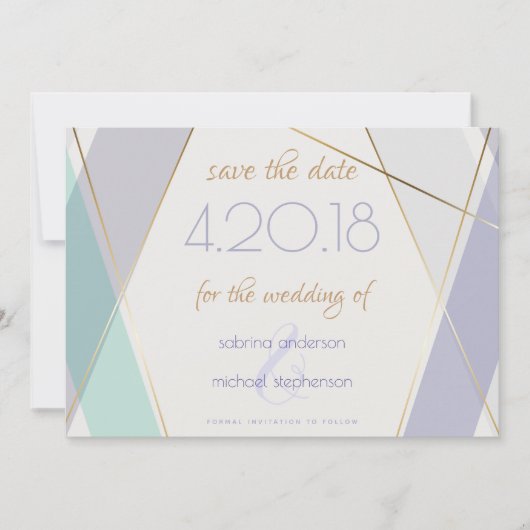 Tijdelijke moderne geometrische stripes Mint Viole Save The Date (Voorkant)