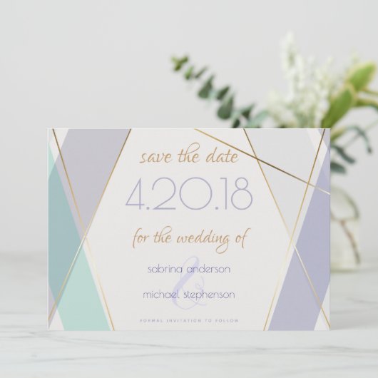 Tijdelijke moderne geometrische stripes Mint Viole Save The Date (Staand voorkant)