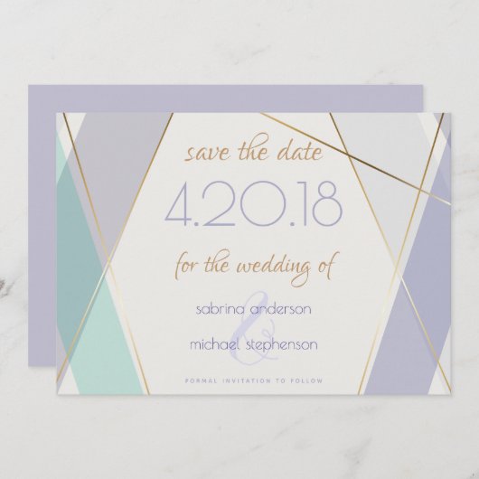 Tijdelijke moderne geometrische stripes Mint Viole Save The Date (Voorkant / Achterkant)