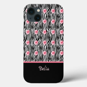 Tijdelijke Roze en Grijze Roospatroon op Zwarte We iPhone 13 Hoesje