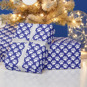 Tijdeloos hondenpootafdrukpatroon in wit en blauw cadeaupapier