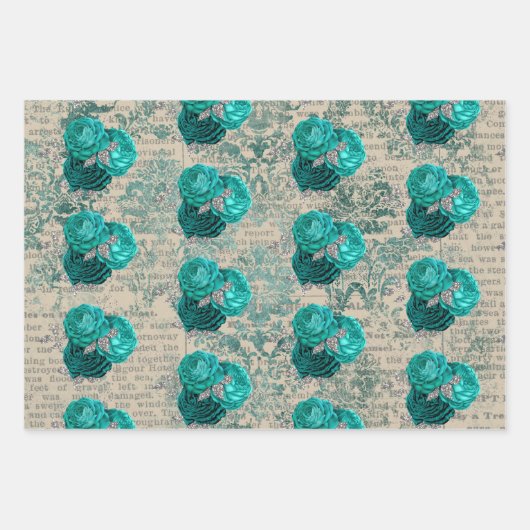 Tijdeloos turquoise zilveren bloemmotief damastpat inpakpapier vel (Voorkant 3)