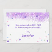 Tijden verjaardagsfeestje in mijn verjaardagstijdp bedankkaart (Achterkant)