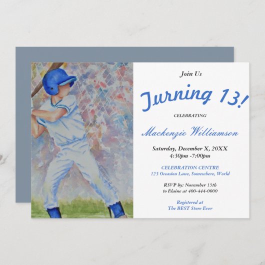 TIJDENS DE 13 BASEBALL PARTIJINVITATIE KAART (Voorkant / Achterkant)