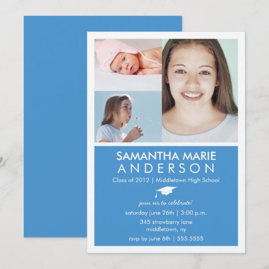 Tijdlijn 3 Uitnodiging foto-Afstuderen - Blauw (Voorkant / Achterkant)