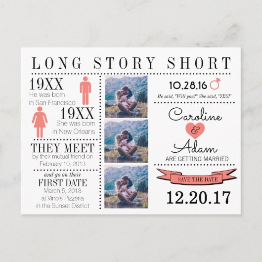 Tijdlijn in Coral Save the Date Post Kaart (Voorkant)