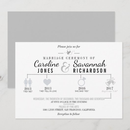 Tijdlijn Lichtgrijze bruiloft uitnodiging (Voorkant / Achterkant)