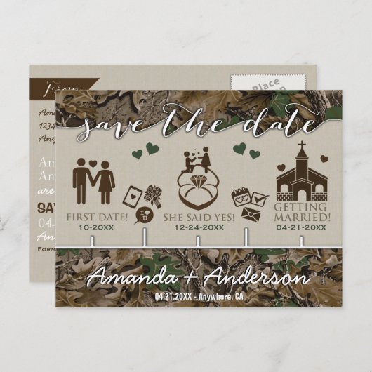Tijdlijn Mijlpaal Camo Rustiek Save the Date Cards Aankondigingskaart (Voorkant / Achterkant)