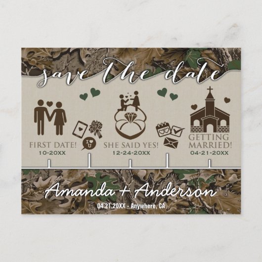 Tijdlijn Mijlpaal Camo Rustiek Save the Date Cards Aankondigingskaart (Voorkant)