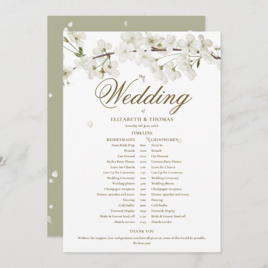 Tijdlijn trouwdatum wit bloemmotief programmakaart (Voorkant / Achterkant)