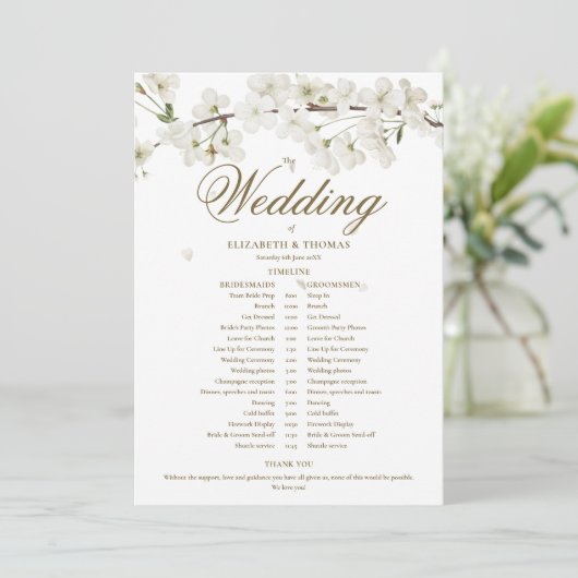 Tijdlijn trouwdatum wit bloemmotief programmakaart (Staand voorkant)