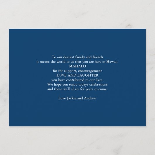 Tijdlijn trouwreceptie in marineblauw programmakaart (Achterkant)