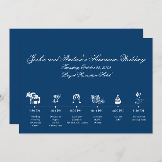 Tijdlijn trouwreceptie marineblauw programma programmakaart (Voorkant / Achterkant)