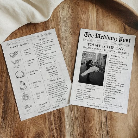 Tijdlijn van het huwelijksprogramma met krantenfot kaart