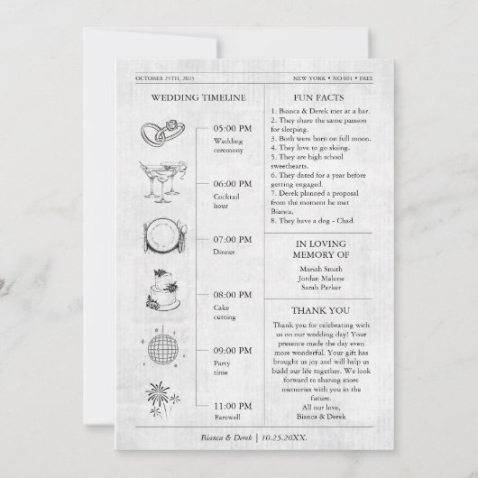 Tijdlijn van het trouwprogramma met krantenfoto kaart (Achterkant)