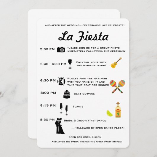  tijdlijn voor het Mexicaanse huwelijk of Fiesta-p Programmakaart (Voorkant / Achterkant)