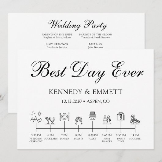 Tijdlijnprogramma voor bergbruiloftdag programmakaart (Voorkant / Achterkant)