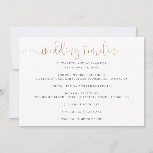 Tijdlijnscript voor het huwelijksfeest. Eenvoudige Kaart (Voorkant)