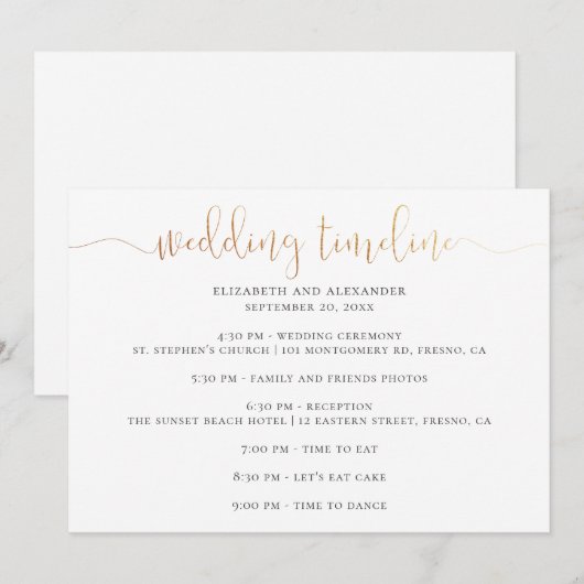 Tijdlijnscript voor het huwelijksfeest. Eenvoudige Kaart (Voorkant / Achterkant)