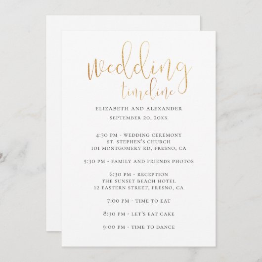 Tijdlijnscript voor het huwelijksfeest. Eenvoudige Kaart (Voorkant / Achterkant)