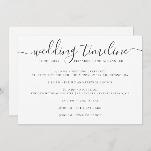 Tijdlijnscript voor zwarte en witte bruiloft kaart (Voorkant / Achterkant)