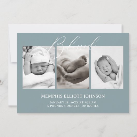  Tijdloos Bloemen Blauw Baby Aankondiging (Voorkant)