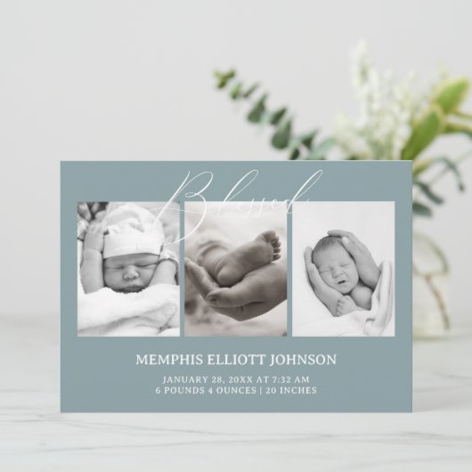  Tijdloos Bloemen Blauw Baby Aankondiging (Staand voorkant)