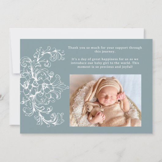  Tijdloos Bloemen Blauw Baby Aankondiging (Achterkant)