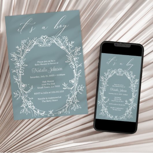  Tijdloos Bloemen Blauw Jongen Baby shower Kaart