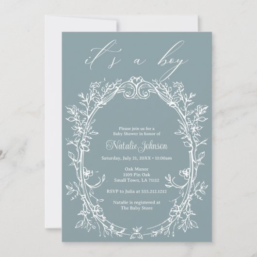  Tijdloos Bloemen Blauw Jongen Baby shower Kaart (Voorkant)